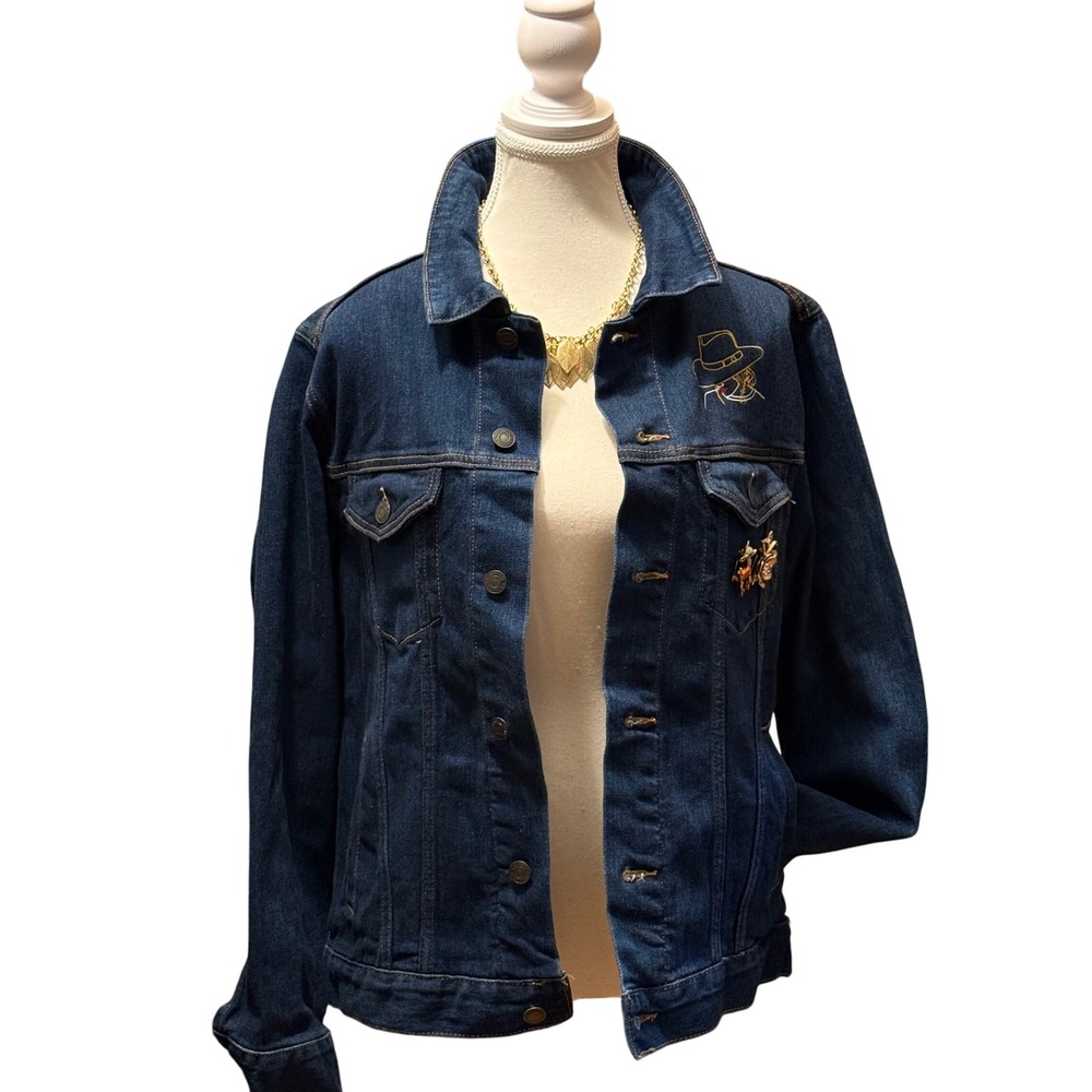 Embroidered Denim Jacket Women's Size Medium with Unique Art